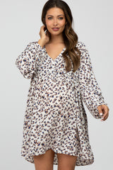 Cream Animal Print Button Front Long Sleeve Maternity Dress