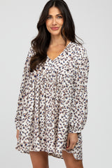 Cream Animal Print Button Front Long Sleeve Maternity Dress