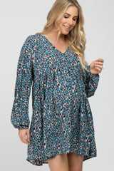 Teal Printed Button Front Long Sleeve Maternity Dress