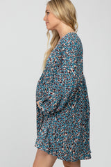 Teal Printed Button Front Long Sleeve Maternity Dress