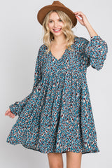 Teal Printed Button Front Long Sleeve Maternity Dress