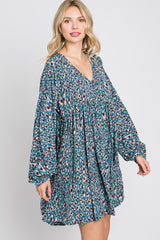 Teal Printed Button Front Long Sleeve Dress