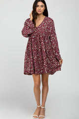 Burgundy Printed Button Front Long Sleeve Dress