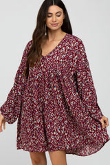 Burgundy Printed Button Front Long Sleeve Dress