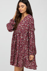 Burgundy Printed Button Front Long Sleeve Dress