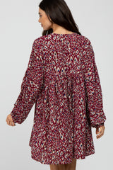 Burgundy Printed Button Front Long Sleeve Dress