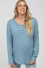 Light Blue Button Front Raw Edge Maternity Top