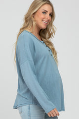 Light Blue Button Front Raw Edge Maternity Top