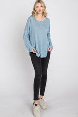 Light Blue Button Front Raw Edge Top