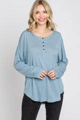 Light Blue Button Front Raw Edge Top