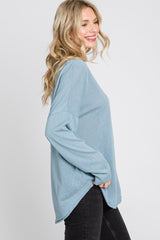 Light Blue Button Front Raw Edge Top