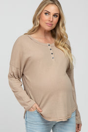 Taupe Button Front Raw Edge Maternity Top