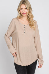 Taupe Button Front Raw Edge Top