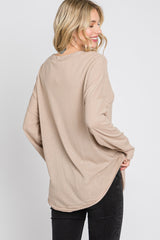 Taupe Button Front Raw Edge Top