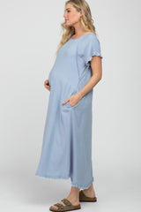 Light Blue Linen Fringe Maternity Midi Dress