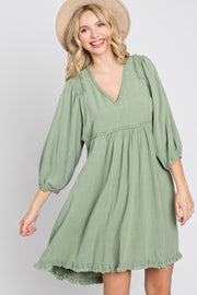 Light Olive Linen Raw Edge Hi-Low Hem Dress