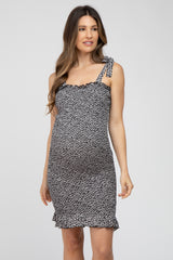 Black Floral Smocked Square Neck Tied Strap Maternity Dress