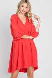 Coral Linen Raw Edge Hi-Low Hem Dress