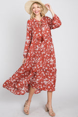 Rust Floral Tassel Front Tie Ruffle Hem Maternity Midi Dress