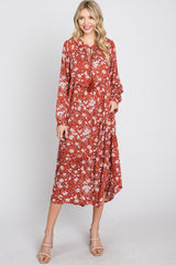 Rust Floral Tassel Front Tie Ruffle Hem Midi Dress