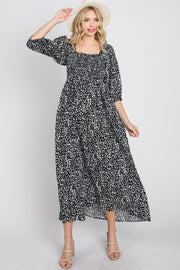 Black Spotted Square Neck Smocked Midi Dress