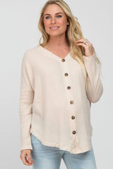 Beige Waffle Knit Button Down Maternity Top