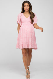 Light Pink Floral Print Smocked V-Neck Maternity Dress