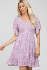 Lavender Floral Print Smocked V-Neck Dress