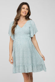 Mint Green Floral Print Smocked V-Neck Maternity Dress