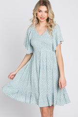 Mint Green Floral Print Smocked V-Neck Dress