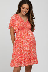 Red Floral Smocked Ruffle Maternity Dress