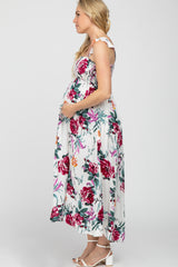 White Floral Smocked Ruffle Strap Maternity Midi Dress