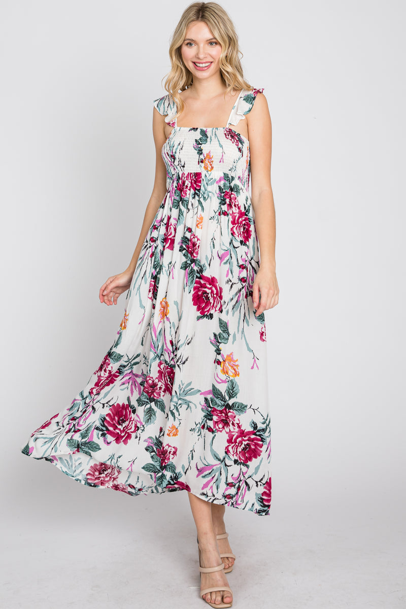 White Floral Smocked Ruffle Strap Midi Dress – PinkBlush