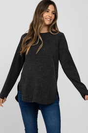 Charcoal Ribbed Long Sleeve Curved Hem Maternity Top