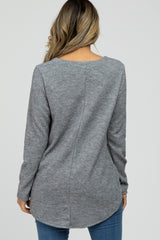 Heather Grey Ribbed Long Sleeve Curved Hem Top