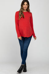 Red Ribbed Long Sleeve Curved Hem Maternity Top