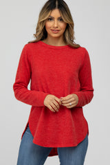 Red Ribbed Long Sleeve Curved Hem Top