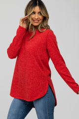 Red Ribbed Long Sleeve Curved Hem Top