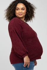 Burgundy Long Puff Sleeve Maternity Plus Top