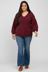 Burgundy Long Puff Sleeve Plus Top