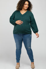 Forest Green Long Puff Sleeve Maternity Plus Top