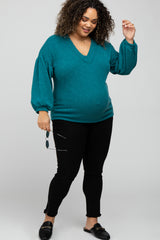 Teal Long Puff Sleeve Maternity Plus Top