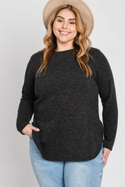 Charcoal Ribbed Long Sleeve Curved Hem Plus Top