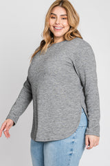 Heather Grey Ribbed Long Sleeve Curved Hem Plus Top