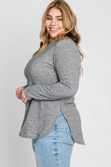 Heather Grey Ribbed Long Sleeve Curved Hem Plus Top