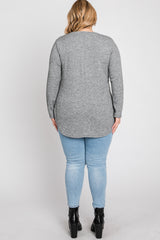 Heather Grey Ribbed Long Sleeve Curved Hem Plus Top