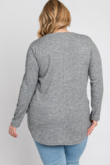 Heather Grey Ribbed Long Sleeve Curved Hem Plus Top