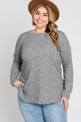 Heather Grey Ribbed Long Sleeve Curved Hem Plus Top