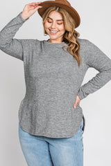 Heather Grey Ribbed Long Sleeve Curved Hem Plus Top