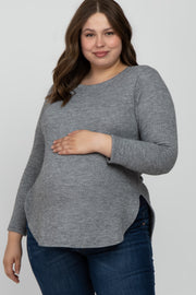 Heather Grey Ribbed Long Sleeve Curved Hem Plus Maternity Top